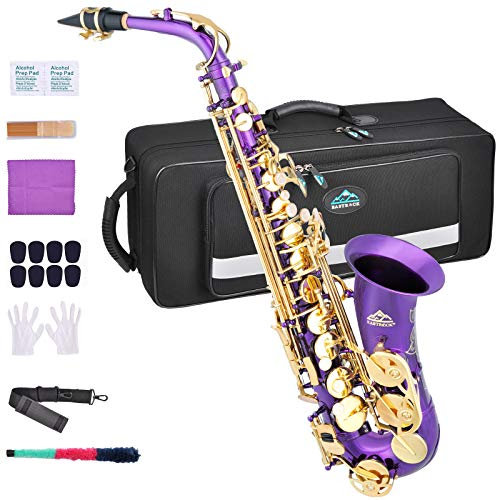 EASTROCK Kit completo de saxofón alto e plano para estudiantes principiantes con funda de transporte, boquilla, almohadillas para boquilla, guantes blancos, correa para el cuello