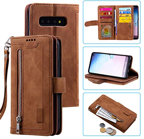 EYZUTAK Handyhülle für Samsung Galaxy S10 Hülle,Flip Case Lederhülle Reißverschluss Magnetverschluss Brieftasche mit 9 Kartenfächern Standfuntion Retro Matt Ledertasche-Braun