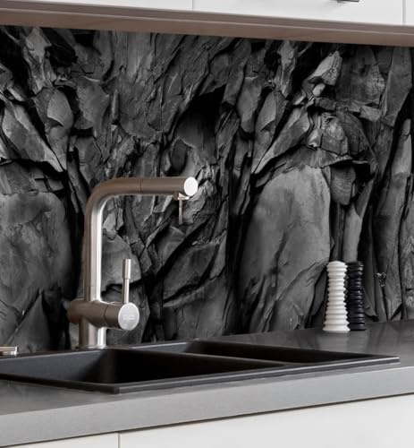 MyMaxxi Küchenrückwand selbstklebend – matte, 0,4 mm Premium Spritzschutz Folie günstige Alternative zu Glas, einfache Montage & leichte Reinigung – 60 cm hoch Motiv schwarzer Stein B 180 cm x H 60 cm