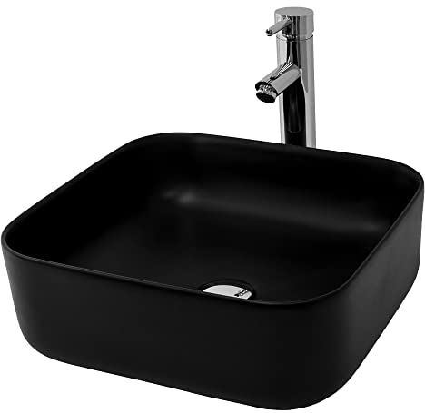 ML-Design Waschbecken aus Keramik in Schwarz Matt, 39,5x39,5x14 cm, Rechteckige Aufsatzwaschbecken, Moderne Waschtisch, Waschschale mit Abflussloch, Waschplatz Handwaschbecken, für Badezimmer/Gäste-WC