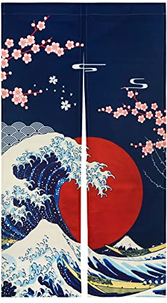 LIGICKY Japanischer Stil Dick Noren Lang Vorhänge Kirschblüten und Kanagawa-Wellen Türvorhang Raumteiler Tapisserie für die Heimtextilien Raumteiler 85 x 150 cm Blau