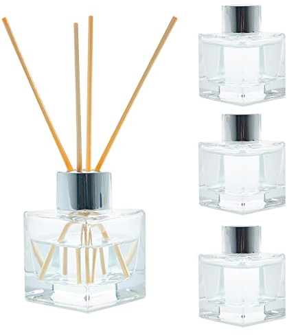 ZENO Glass Diffuser Set of 4 | Empty Clear Bottles 50ml | Essential Fragrance | Oil Reed Diffusers Set | Small Glass Diffuser Bottles with Caps for Home Bathroom Fragrance Accessories