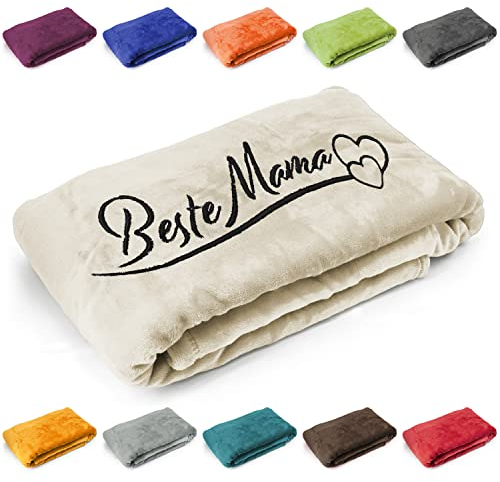 Kuscheldecke Beste Mama mit Herzen, Geschenk zu Muttertag, Geburtstag, hochwertig Bestickt, 200cm x 150cm extra weiche und gemütliche Sofadecke/Wohndecke, hochwertiges Fleece (Creme)