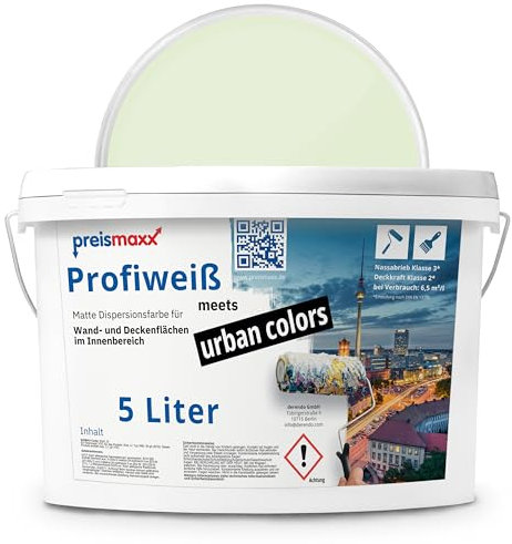 Preismaxx Profiweiß Wandfarbe grün 5L, hohe Deckkraft, Dispersionsfarbe innen, Innenwandfarbe Raumfarbe pastellgrün deckend, Deckkraftklasse 2, matt Innenfarbe Profi Qualität