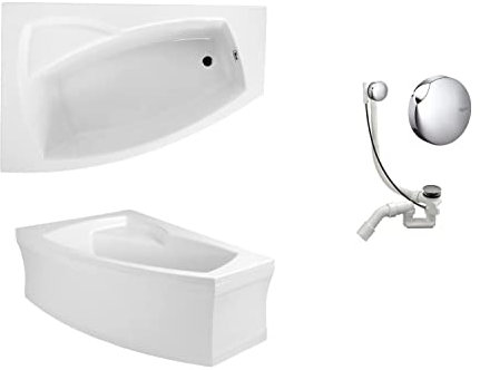 VBChome Badewanne Links 150x90 cm Acryl SET Schürze Siphon Wanne Ecke Eckbadewanne Weiß Design Modern Ablaufgarnitur Wanne Links Schürze Ablaufgarnitur Füße