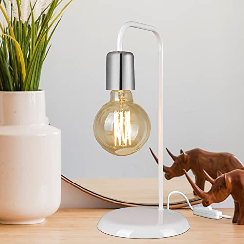 lux.pro Tischleuchte Lancaster Tischlampe E27 1-flammig Nachttischlampe Beistelllampe Wohnzimmerlampe Lampenschirm für Arbeitszimmer Metallsockel Edison-Glühbirnen Weiß/Chrom