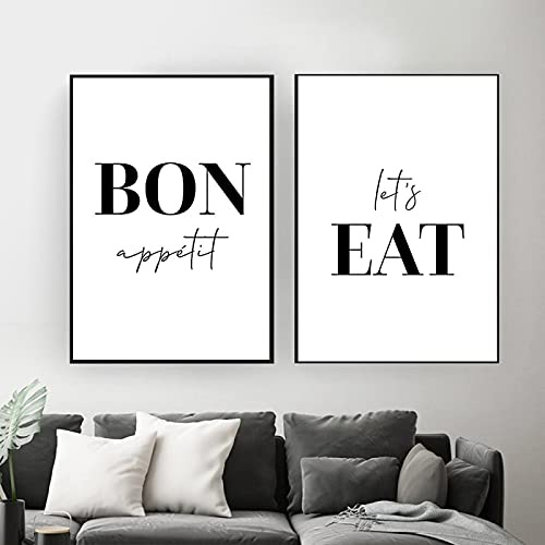SDVIB Bon Appetit Lets Eat Zitate Leinwand Gemälde Schwarzweiß Wandkunst Poster und Druckbilder Küche Home Decoration 50x70cmx2Pcs Frameless