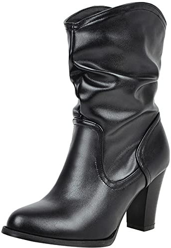 Lroey Reoly Stivaletti da Donna con Tacco a Blocco, Stivali Invernali Moda Senza Chiusura Stivali Corti Tacco Alto Punta Rotonda Stivali Morbidi 503 Nero Numero 44 EU