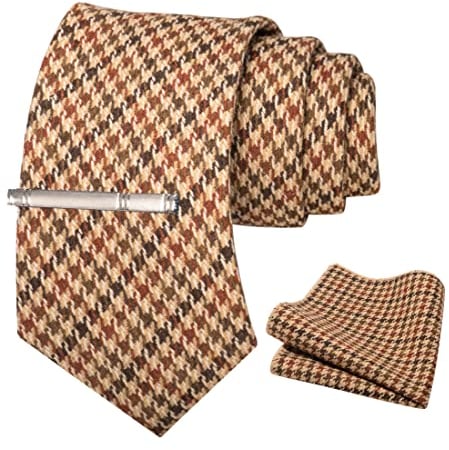 JEMYGINS Retro Wolle Weinrot schwarz Beige kariert2 Krawatte und Einstecktuch Krawattenklammer Sets für Herren