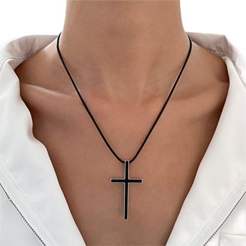 Wendalern Black Cross Necklace Vintage Stainless Steel Cross Pendant Necklace Classic Leather Cord Chain Crucifix Necklace Religious Belief Jewelry for Women Men