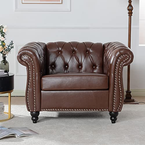 LEVNARY Leather Chesterfield Chair, Mid-Century Modern Single Sofa Chair, Tufted Upholstered Rolled Armchair for Home Bedroom Reading Room (Dark Brown)