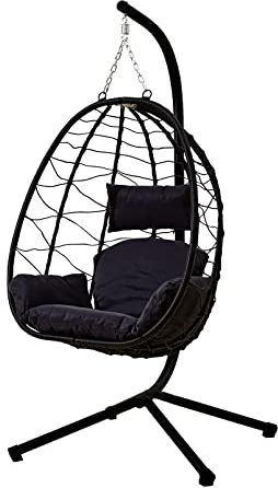 Neo Rattan Egg Chair Swing Garden Hanging Seat Hammock with Cushions Stand for Outdoor Patio Indoor (Black)