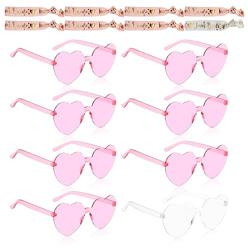 KOIROI Bride Herz Brille, 8 Stück Partybrille Herz Sonnenbrille+8 Bride Armband, JGA Partybrillen Set, 1 Braut + 7 Team Braut Brille für Braut Junggesellinnenabschied, Hochzeitsfeier Dekorationen (B)