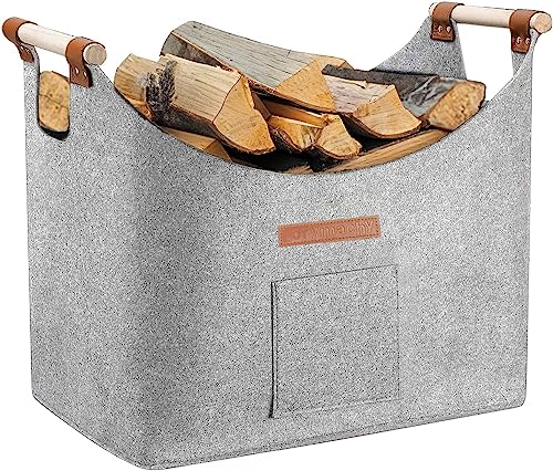 XL Holzkorb für Kaminholz - Brennholzkorb aus Extradickem Filz,Kaminholzkorb für Feuer Kamin Brennholz, Groß Feuerholzkorb für Holz, Zeitung oder Brennholz (45x32x40 cm, Hellgrau)