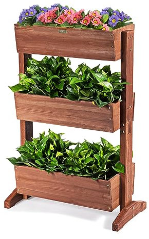 HOMASIS Fioriera in Legno a 3 Livelli, Porta Piante Regolabile, Scaffale per Fiori con Foro di Drenaggio, Portafiori in Abete Rosso, per Giardino, Balcone, Salotto, 71x38x105cm, Marrone