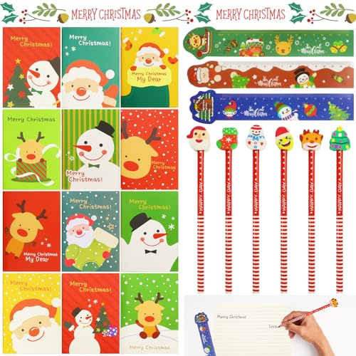 Aohcae 24 Stück Weihnachts Mini Notizblock+8 Stück Bleistift Weihnachten+3 Stück Herrscher, Weihnachts Mini Notizblock Weihnachten Mini notizbuch für Weihnachts Geschenk