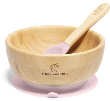 Moon and Moo Bamboo Suction Bowl and Spoon Set for Kids, Toddlers and Baby Weaning - Non-Toxic, Plastic Free, Stay Put