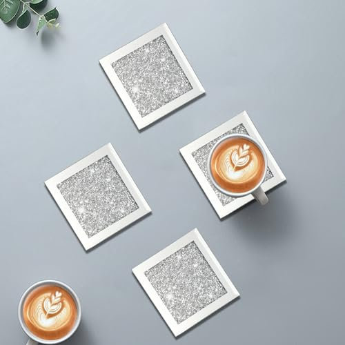 Anewsun Glasuntersetzer 4 Stück, quadratische Untersetzer mit zerkleinertem Diamant, verspiegelte silberne Glas-Tassenmatten für Getränke, Heimdekoration, Küche, Café, Bar, Restaurant, Tischschutz
