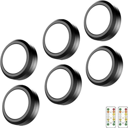 MOUJUCHI Cabinet Lighting, 6 Pieces Cabinet Lighting, Wireless Battery Operated, Under-Unit Light, Kitchen with Remote Control, Dimmable Puck Lights for Stairs, Showcase, Cabinet, Kitchen (Black)