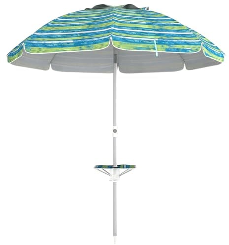 Outsunny Sombrilla de Playa Ø190x215 cm Parasol para Terraza con Reclinación 45° Altura Ajustable Mesa con Portavasos Anti-UV Impermeable y Bolsa de Transporte para Jardín Piscina Multicolor