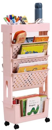 YOTATING Mobile Bookshelf with Wheel, Large Capacity Book Rack Magazine Cart Kids Movable Storage Bookcase with 5 Layers for Home, Classroom, School, Office, Dorm, Pink