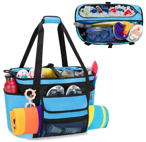 Fasrom Strandtasche XXL mit isolierter Kühltasche, Wasserdichte Strandtasche mit Trocken-Nass-Trennung für Pool, Schwimmen, Reisen, Blau(Patent Design)