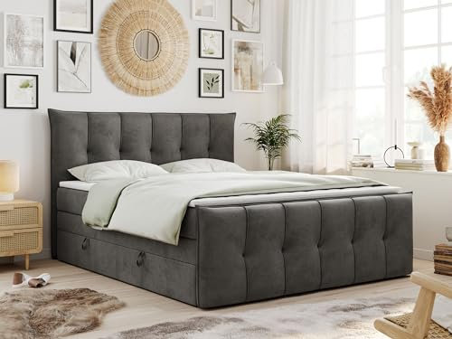 MKS MEBLE King Boxspringbett 160x200, Boxspringbett 160x200 mit Bettkasten und Matratze H3, Polsterbett 160x200 mit Matratze, Bett 160x200 mit Bettkasten - PREMIUM-11-KING- Grau Velvet - H3
