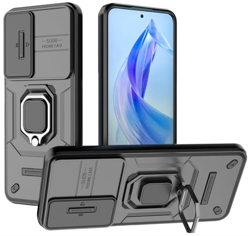 DERHAN Case for Honor 90 Lite with Tempered Glass [2 Pieces], Scratch Resistant Case with Lens Cap [Protects Camera], Shockproof Case Cover Bumper with Ring Stand - Black