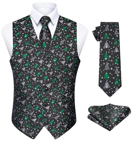 Enlision Herren Weste Funky Weihnachten Christmas Weste Krawatte Taschentuch Weihnachtsweste Set Schwarz L