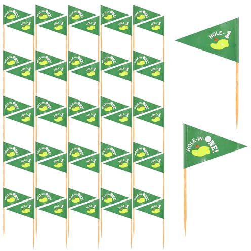 50pcs Golf Themed Toothpick Flags, Hole in ONE Golf Cocktail Picks Double Printed Toothpick Flags for Food Mini Cupcake Toppers Flags for Birthdays Decorations Family Gatherings (Green Background)