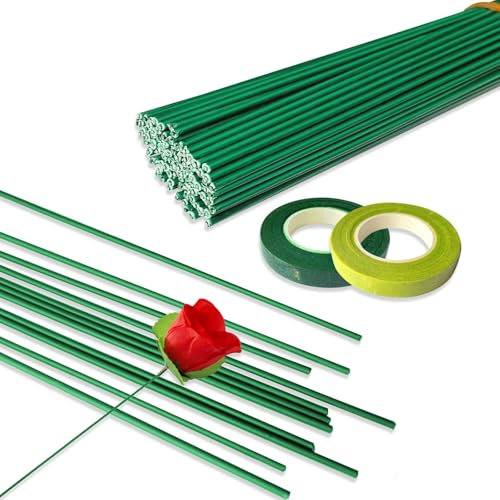Joyek Blumendraht Grün Set 100 Stück Floristendraht & 2 Rollen Floristenband 300x2mm Steckdraht Blumenstieldraht für DIY Blumenbouquets Blumenarrangements und Handwerk