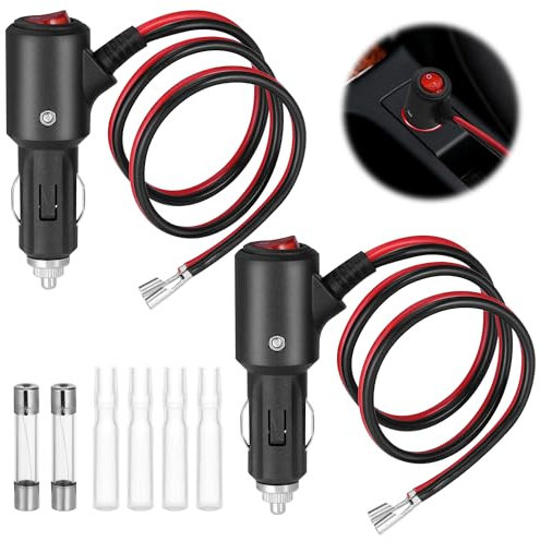 JIZZU 2PCS Cigarette Lighter Extension Cord, 14AWG Car Charger Cigarettes Lighter Extension Cable with 55CM Leads, Switch & 15A Fuse, DC 12V/24V Cigarette Lighter Socket Extensions Cable for Moto Car