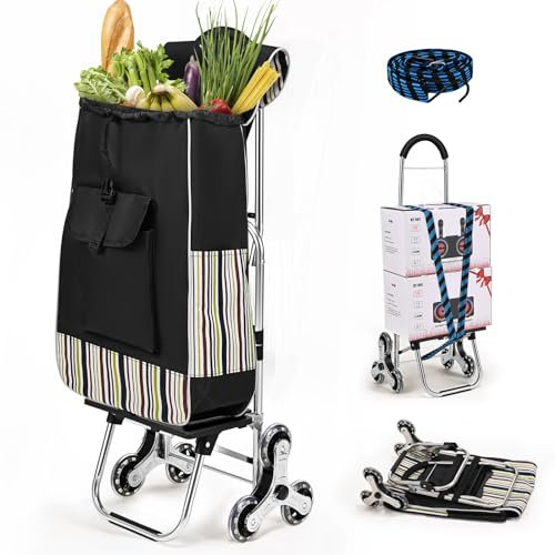 Ovshnrr Carrello Spesa 3 Ruote Scale, Carrello Portaspesa Pieghevole, 32L, Capacità di Carico 30kg, Borsa di Stoccaggio Rimovibile, Ruote in Acciaio inox, per Salire le Scale