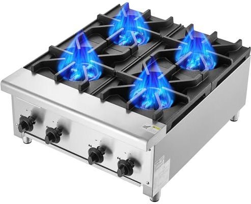 VEVOR Kommerzieller Gasherd Gaskochherd mit 4 Gaskochfelder, Propan/Erdgas-Kochherd Edelstahl-Gaskochplatte, kommerzielles Kochgerät 610 x 775 x 335 mm für Restaurants Hotel Café 28 kW