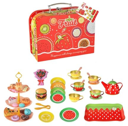 MagiDeal Obst-Design für Kinder, Blech-Teeservice, Teeservice, Spielzeug mit Tragetasche, Spielset, Rollenspiel-Teeparty-Set für Kleinkinder und Mädchen