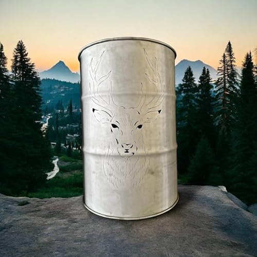 M.K.Design Feuertonne mit Hirsch Motiv, sehr schöne Feuerstelle für den Garten 88cm hoch und 60cm im Durchmesser (212l) 18Kg mit Deckel