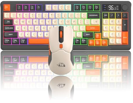 FREEWOLF T96 Teclado y Ratón Inalámbricos, Bluetooth & 2.4G, Teclas PBT, Disposición QWERTY, Pantalla, Silencioso, Anti-Ghosting, Recargable, para Mac/Windows/Linux – Brillar