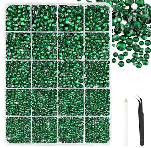 Bouiexye 28000 Pcs Dark Green Resin Rhinestones 2-6 mm Bedazzling Crystal Flatback Rhinestones with Tweezers for DIY Crafts Shoes Clothing Glasses Nail Art