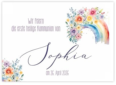 Herz & Heim® Personalisierbares Banner für kirchliche Feste – Kunststoffbanner oder Posterpapier – Motive zu Konfirmation, Firmung, Taufe oder Kommunion (Regenbogen, Kunststoffplane (70 cm x 50 cm))