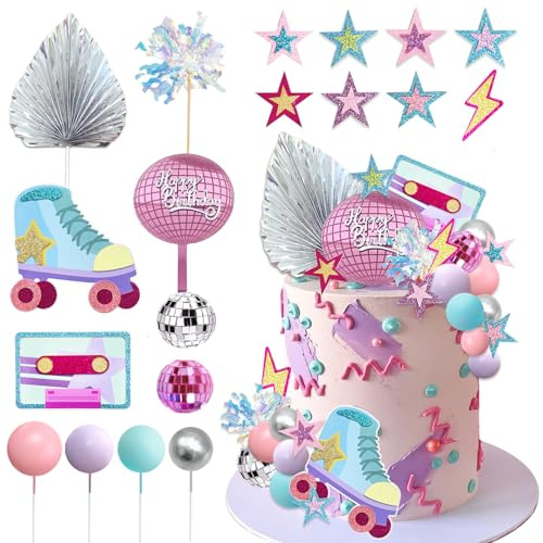 UFROMSKY 40pcs Roller Skate Cake Toppers 80s 90s Disco Ball Cake Decorations, Retro Girl Birthday Decor with Mini Balls for Skating Theme Party Supplies