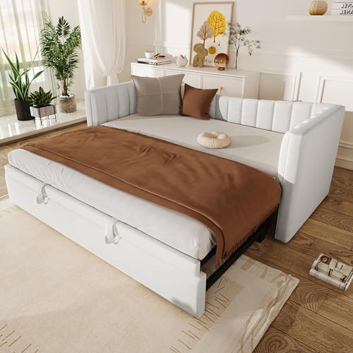 Tagesbett mit Gästebett 90 x 200 cm Ausziehbett Gleiche Höhe Bett Ausziehbar zum Doppelbett 180 x 200 cm Polsterbett mit Ziehbett, Sofabett, Einzelbett, Doppelbett (Ohne Matratze), Samt, Weiß