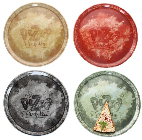 MamboCat Set di 4 piatti per pizza perfetti, Ø 31,5 cm, piatti in porcellana, 1 in giallo, verde, rosso e nero, ideali per pizza, torte di fiamme e altro ancora, grande piatto da portata con