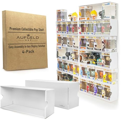 AUFGELD Display Case for 4‘’ Funko Pops, Organizer Shelf for Pops in Protective Sleeves, Stackable Pop Storage, Wallmountable Action Figure Display Box (4 Pops X 4Pack)