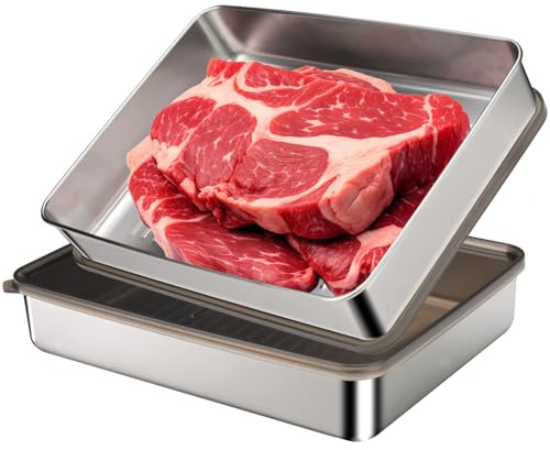 2 Pieces 304 Stainless Steel Bacon Container for Refrigerator, Airtight Meat Container Storage Box with Lids and Raised Bottom, Cold Cut Bacon Cheese Holder Food Organizers for Vegetables (Sliver)