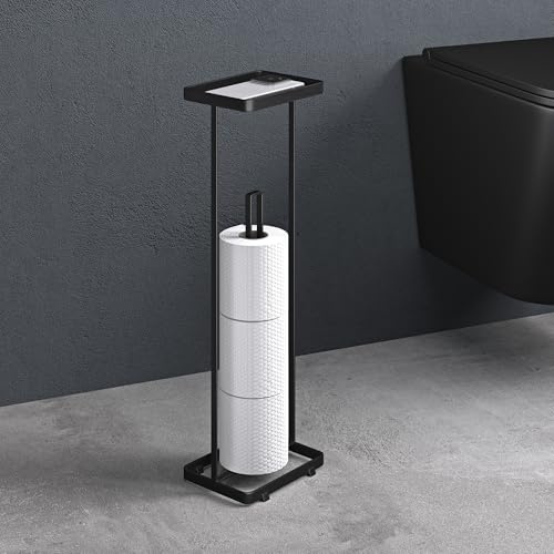 doporro Porte Papier Toilette Support Rouleaux Papier sur Pied Dérouleur Papier WC Noir Mat en Acier au Carbone avec Plateau de Rangement 52 cm Reglo04