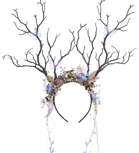 MOSTORY Reh Haarreif Damen Elfenkrone, Elfen Kopfschmuck mit Blumen und Schmetterling für Karneval Cosplay Waldfee Kostüm