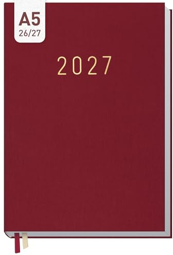 Häfft Business-Timer Terminkalender 2026 2027 A5 Rubinrot | 17 Monate Buchkalender von August 26 bis Dez. 27 - Terminplaner, Wochenkalender, Wochenplaner