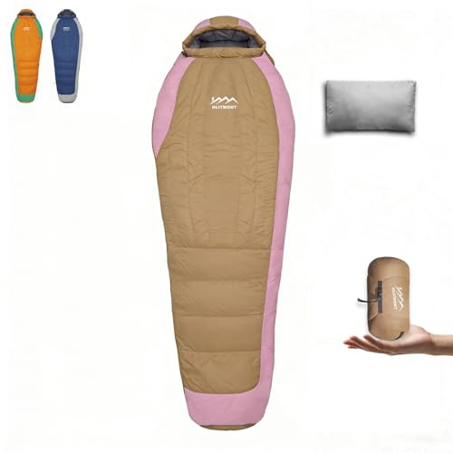 HLITMOUT Sac de Couchage ultraléger en Duvet avec Oreiller pour Adulte, Femme, Homme, Enfant, garçons et Filles, randonnée, randonnée et Camping Outdoor (Beige et Rose, Régulier)