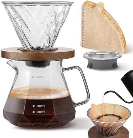 DOLLGIFT Pour Over Coffee Maker, 600ml/20oz Borosilicate Glass Carafe with Paper Filters, Walnut Base & Glass Lid, Holds 3 Cups, Ideal for Home, Café or Camping