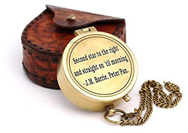 Second Star to the Right J. M. Barrie, Peter Pan Engraved Brass Compass with Leather Case